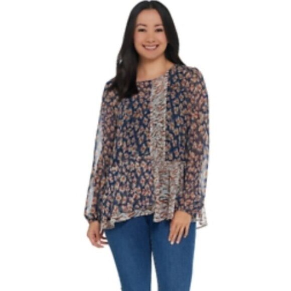 LOGO by Lori Goldstein floral Blouse sheer Patchwork Ruffles Blue women S boho - Picture 1 of 11